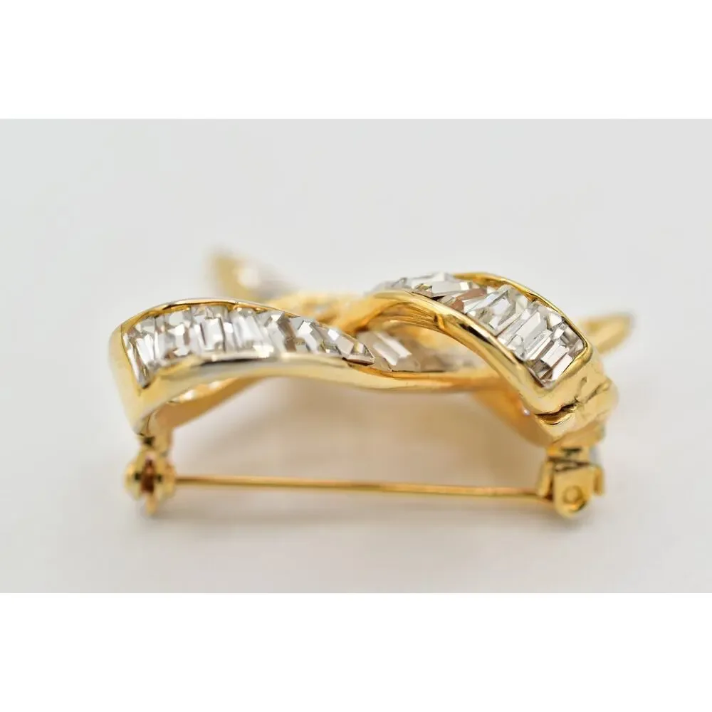 Vintage Crystal Pretzel Knot Pin Brooch Baguette Rhinestone Gold Tone 1980s 9B